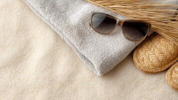 Beach towel, raffia sandals, and sunglasses arranged on golden sand for a stylish summer getaway photo