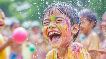 Kids are laughing and throwing colorful water balloons while celebrating Holi outdoors photo