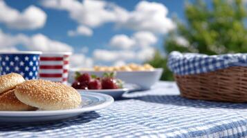 A festive picnic setup features food and drinks on a blanket, celebrating summer and American freedom photo