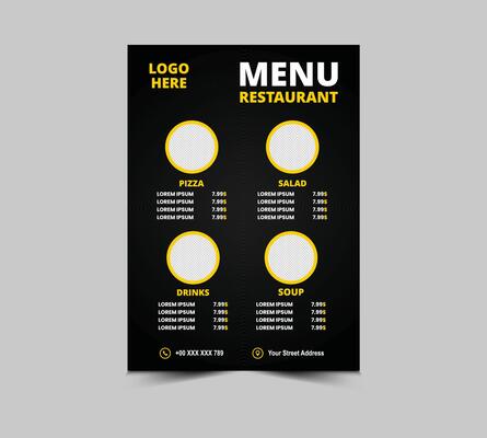 Menu Restaurant Fast Food Flyer Template Design With Pizza Salad Soup And Drinks Illustration