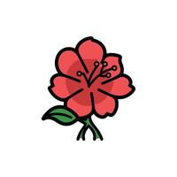 Cartoon Red Hibiscus Flower with Green Leaves and Black Outlines Isolated on White vector