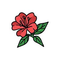 Simple Cartoon Illustration of a Red Flower with Green Leaves and Black Outline vector