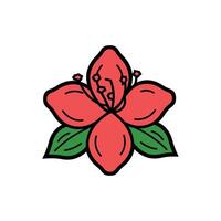 Illustration of a Stylized Red Hibiscus Flower with Green Leaves and Black Outlines vector