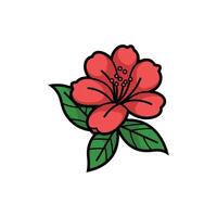 Stylized Red Flower with Green Leaves, Black Outlines, Isolated on White Background vector