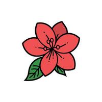 Stylized SalmonColored Flower with Black Outlines and Green Leaves on a White Background vector