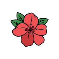 Cartoonstyle peach blossom with leaves, black outline on a clean white backdrop vector