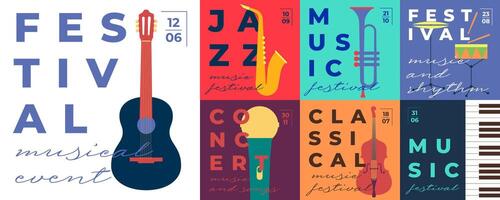 Square banners and posters for jazz and classical music concerts. Flat set with instruments, abstract shapes, and festive design. Ideal for festivals, club events, and conservatory promotions. vector