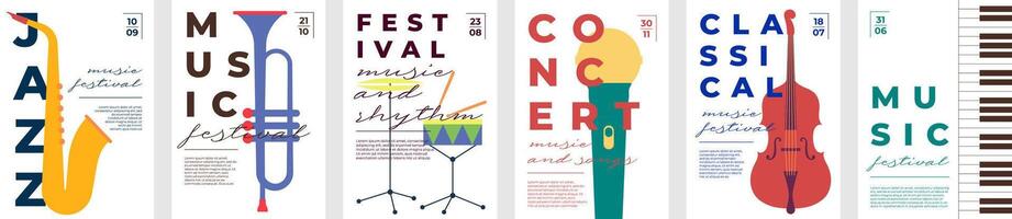 Abstract jazz and classical music concert posters with instruments like violin, trumpet, and piano. Flat set. Perfect for festivals, party flyers, conservatory events or club performances. vector