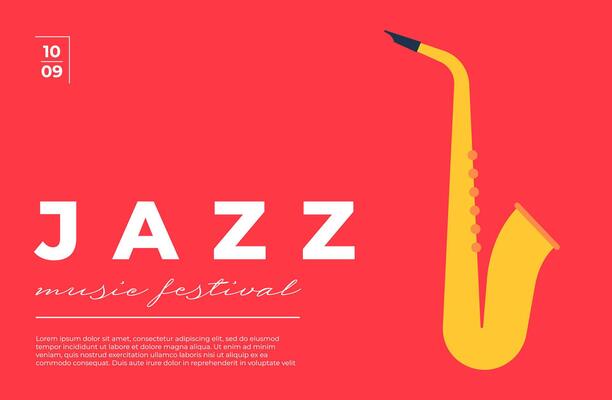 Modern jazz festival poster with saxophone motifs. Minimalist flat design featuring abstract shapes and classic typography. Perfect for concert flyers, banners, and music event promotions.