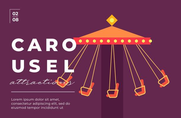Vintage carousel swing ride at amusement park poster. Horizontal typography layout with fairground atmosphere and retro charm. Perfect for flyers or festival banners. Minimal flat illustration.