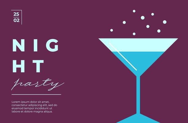 Flat night party poster with abstract cocktail glasses and geometric shapes. Trendy summer vibe with modern typography. Ideal for bar menu, event flyer or disco celebration banner. illustration