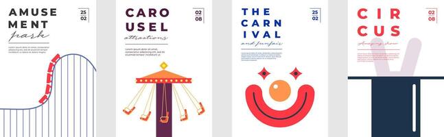 Flat poster set of amusement park and funfair themes. Includes circus, rollercoaster, carousel, clown and festive elements. Perfect for kids events, city fairs and carnival invitations. vector