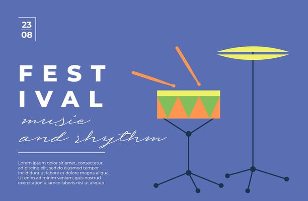 Modern music festival poster with abstract drum and percussion silhouette. Minimalist flat layout with rhythmic energy and bold typography. Perfect for concert flyers or acoustic event covers.
