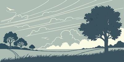 A landscape with a field of grass, a tree on the right, a cloudy sky and a bird flying vector