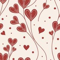 Seamless pattern with red hearts on stems and dots, arranged randomly on a light beige background, creating a romantic and decorative design vector