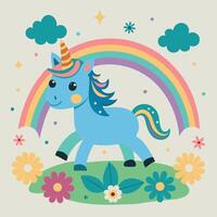 A blue unicorn with a rainbow mane and tail, walking on a green field with flowers, a rainbow and clouds in the background vector