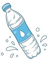 A plastic bottle with a blue label and a water drop, surrounded by water drops in a white background vector