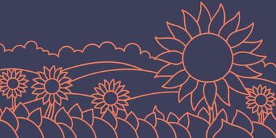 A field of sunflowers with rolling hills and clouds in the background, the illustration is made with simple lines and a limited color palette vector