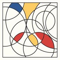 Abstract geometric design with overlapping circles and shapes in blue, yellow, and red, black outlines, and a square frame on a white background vector