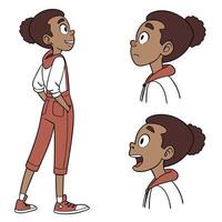 A black girl with a bun, wearing a white hoodie and red overalls, in a white background vector