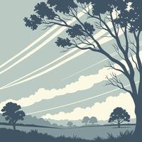 A landscape with trees and clouds, with a blue and white color palette, in a field with some trees in the background vector