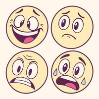Four yellow cartoon emojis with different expressions, one laughing, one sad, one angry and one crying, isolated on a white background vector