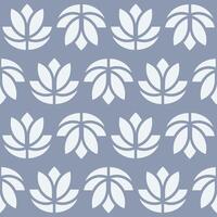 Seamless pattern of stylized lotus flowers in white and blue, symmetrical arrangement, simple geometric shapes vector