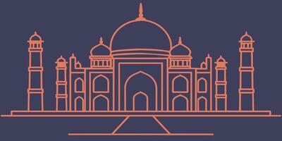 Taj Mahal line art in orange color on a dark blue background, symmetrical design vector