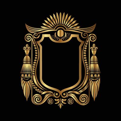 golden emblem with a crown and ornaments on a black background