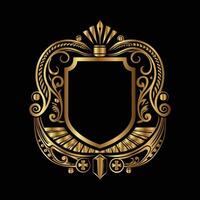 golden emblem with a shield and ornate design on a black background vector