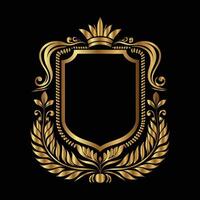 golden shield with laurel wreath on black background. vector