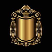 golden emblem with a shield and feathers on a black background vector