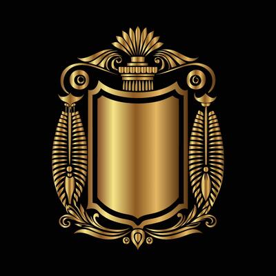 golden emblem with a shield and feathers on a black background