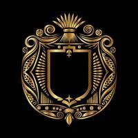 golden emblem with a shield and crown on a black background. vector