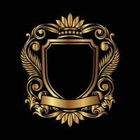 golden shield with crown and scroll on black background vector