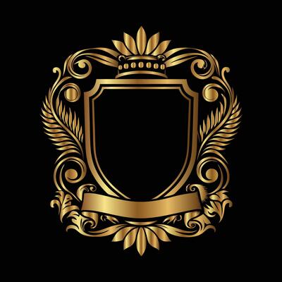 golden shield with crown and scroll on black background