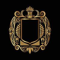 golden emblem with a shield and a crown on a black background vector