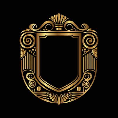 golden emblem with a shield on a black background