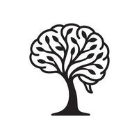 Tree leaf branch in human brain shape black silhouette design, brainstorming idea, intellectual knowledge and medical organ symbol vector