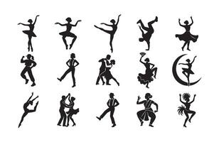 Dancing person or dance couple black silhouette design set, bundle of unique dancer logo icon or symbol clip art vector