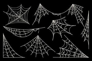 Spider Web Set in Hand Drawn Style Isolated on Black Background Doodle arachnid web perfect for cards, party invitations, web, fashion, print vector