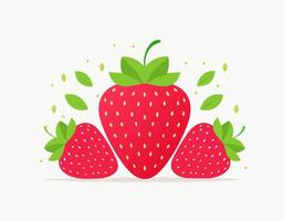 Flat design strawberry with smooth red skin and vivid green leaves, perfect for food art or health-related graphics. vector