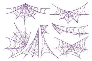 Purple Spider Web Set in Hand Drawn Style. Doodle arachnid web perfect for cards, party invitations, web, fashion, print vector