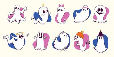 Halloween Cute Ghosts in Hand Drawn Style. Set of spooky cartoon characters. Ghost icon. Playful night spirits with decorations. perfect for cards, patterns, print, web vector