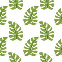 Seamless pattern with monstera leaf in cartoon flat style, arranged in polka dot order on light background. vector
