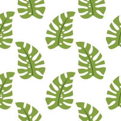 Seamless pattern with monstera leaf in cartoon flat style, arranged in polka dot order on light background.