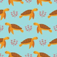 Seamless pattern with yellow sea turtle and red seaweed in cartoon flat style, arranged in polka dot order on blue background. vector