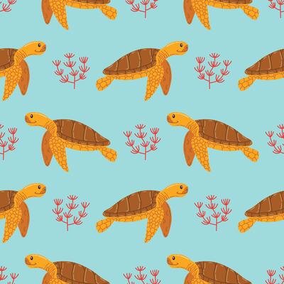 Seamless pattern with yellow sea turtle and red seaweed in cartoon flat style, arranged in polka dot order on blue background.