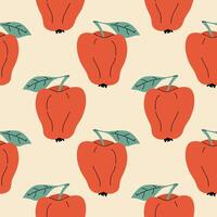 Seamless pattern with red apple in cartoon flat style on white background. vector
