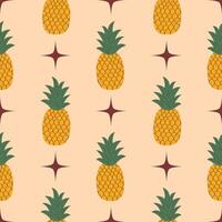 Seamless pattern with yellow pineapple, green leaves and stars in cartoon flat style, arranged in polka dot order on beige background. vector